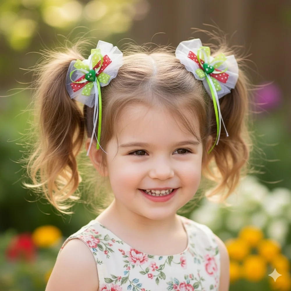 Girls Handmade 2p Green/Red Polka Dot Hair Clips Set- Brand New